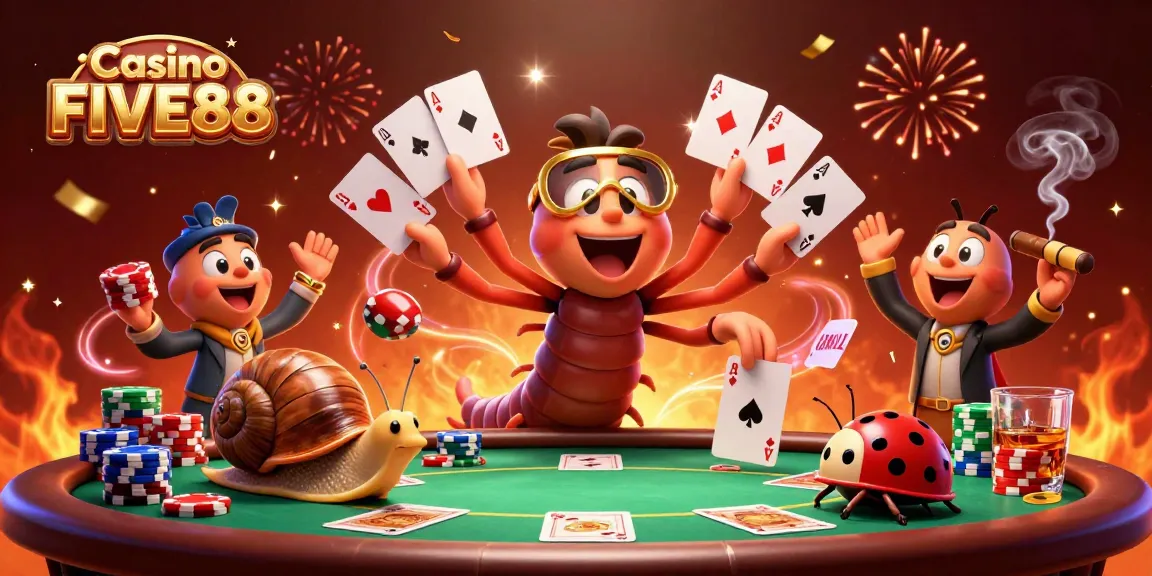 Experience the excitement of Casino FIVE88 with a colorful 3D casino illustration featuring whimsical characters and vibrant elements.