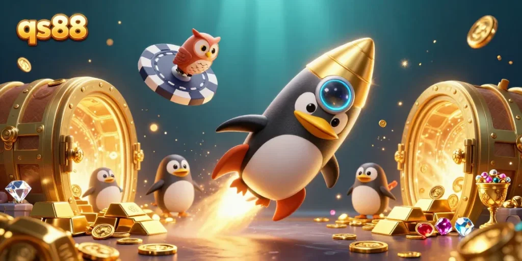 Win big at qs88 with a 3D cartoon penguin soaring towards a casino-shaped poker chip amid treasure.
