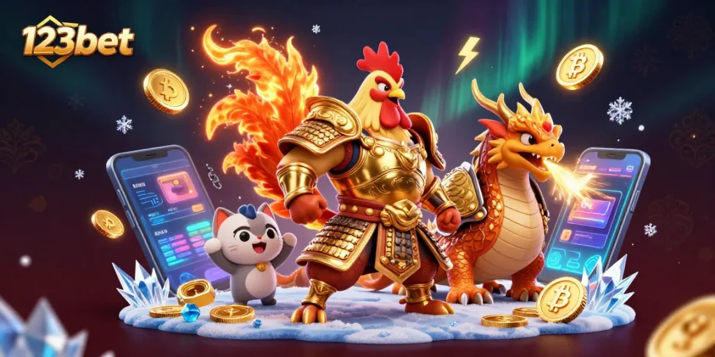 Engage with 123bet's vibrant crypto casino illustration featuring a rooster and dragon in action.