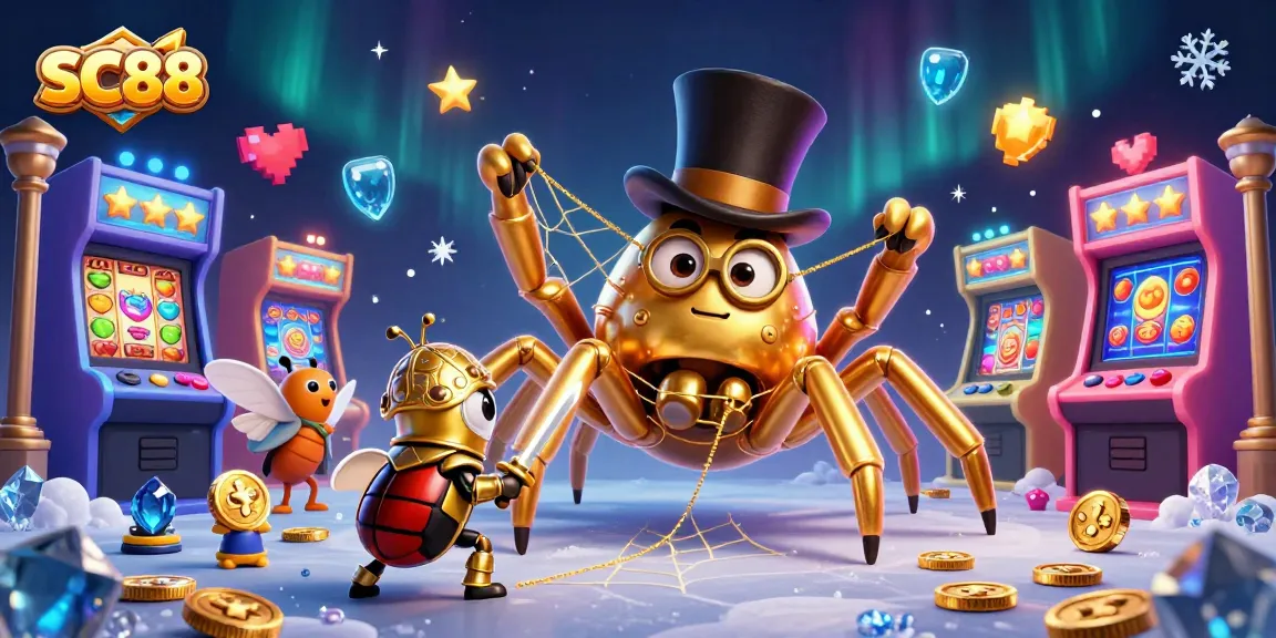 Engage in thrilling slots with SC88, featuring a giant golden tarantula and colorful casino elements
