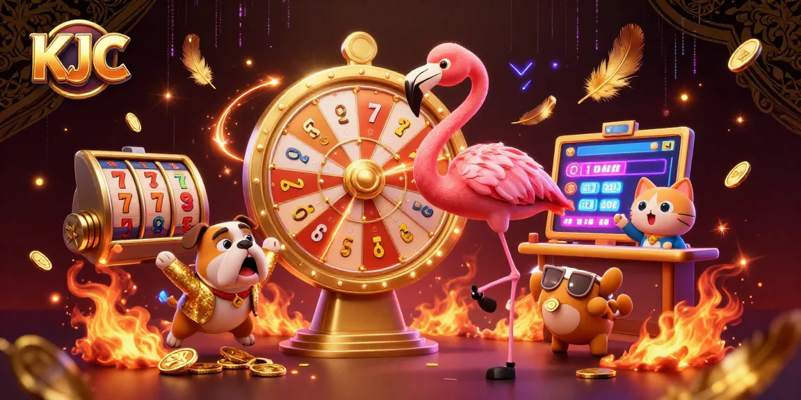 KJC presents a dynamic casino scene with a flamingo game show host, bulldog contestant, and scoreboard cat unveiling prizes amidst gold and slot elements.