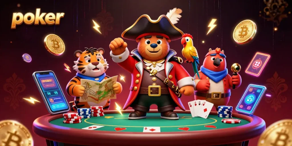 Engage in poker with a pirate captain bear and fierce tiger in a 3D dynamic scene filled with vibrant gambling elements.