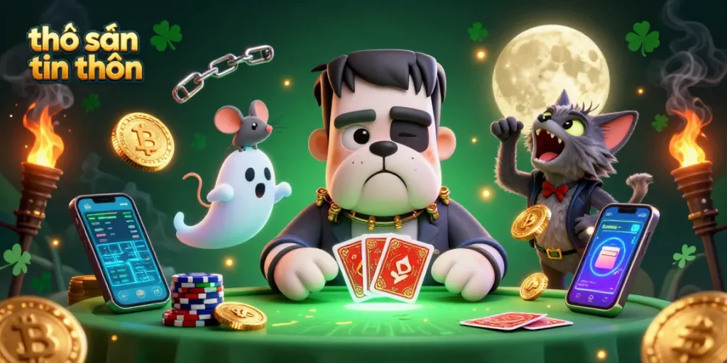 Engage in thrilling gaming action with thợ săn tiền thưởng as a Frankenstein bulldog shuffles cards at a haunted table.