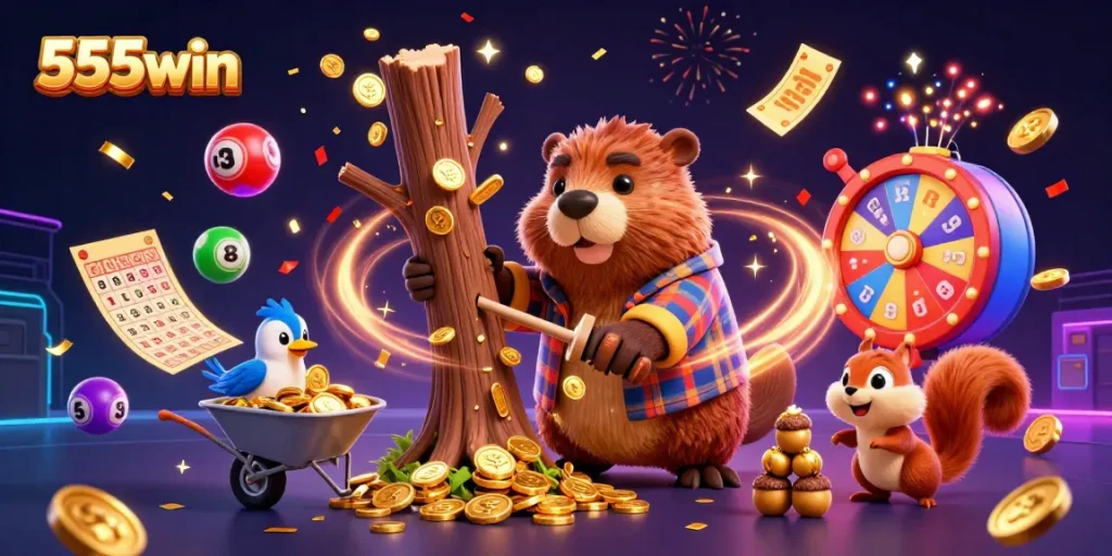 Experience 555win with a vibrant scene of a beaver and friends collecting coins amid a dynamic lottery theme.