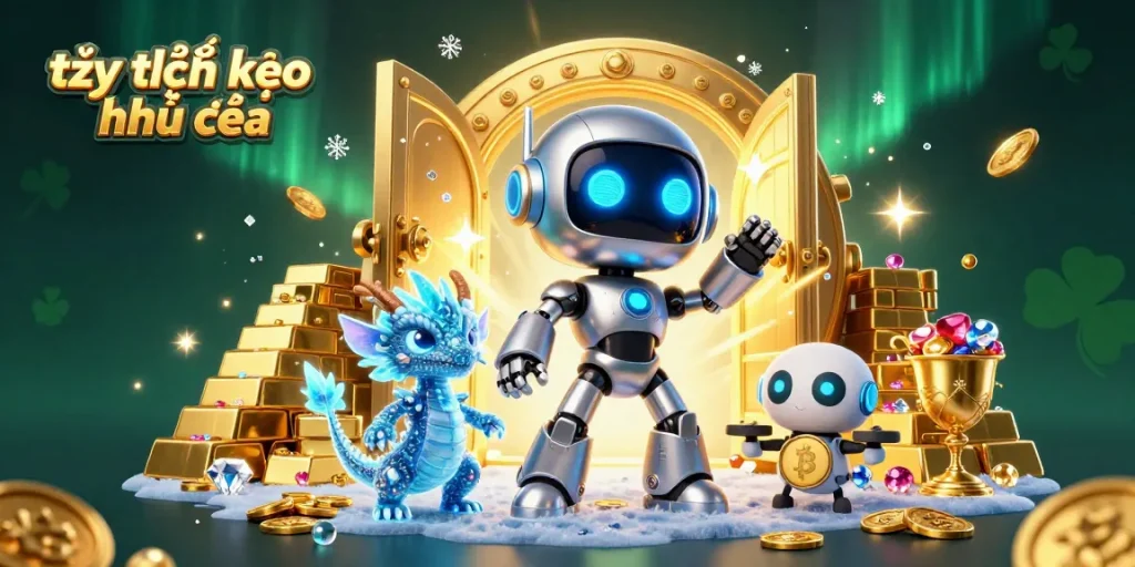 Engaging depiction of tỷ lệ kèo nhà cái showcasing a dynamic sports betting scenario with animated characters and dazzling treasures.