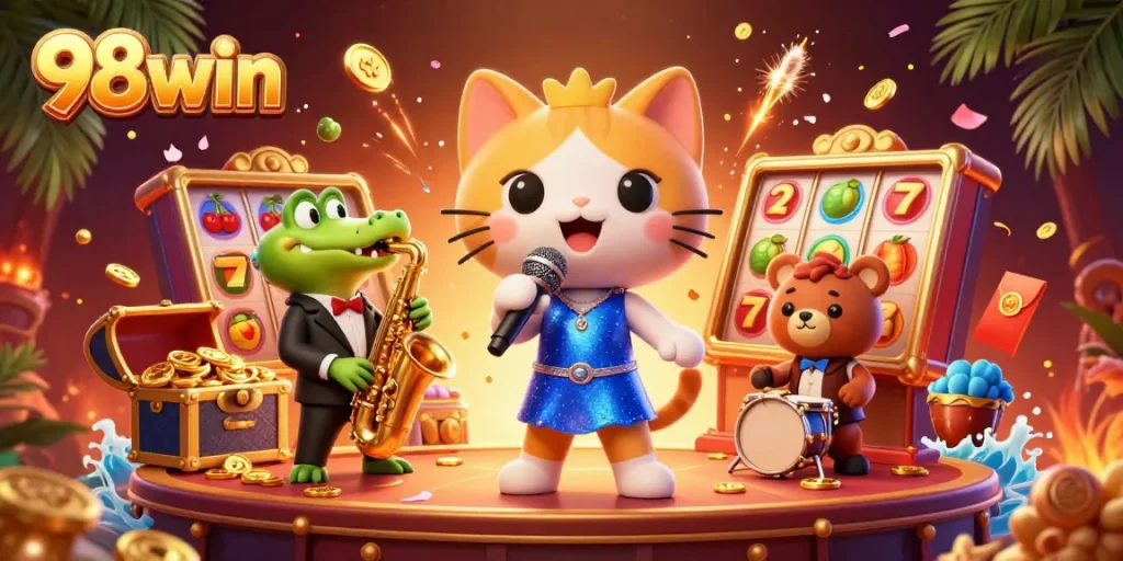 Engage with 98win's vibrant casino scene featuring charismatic characters and energy-filled elements.