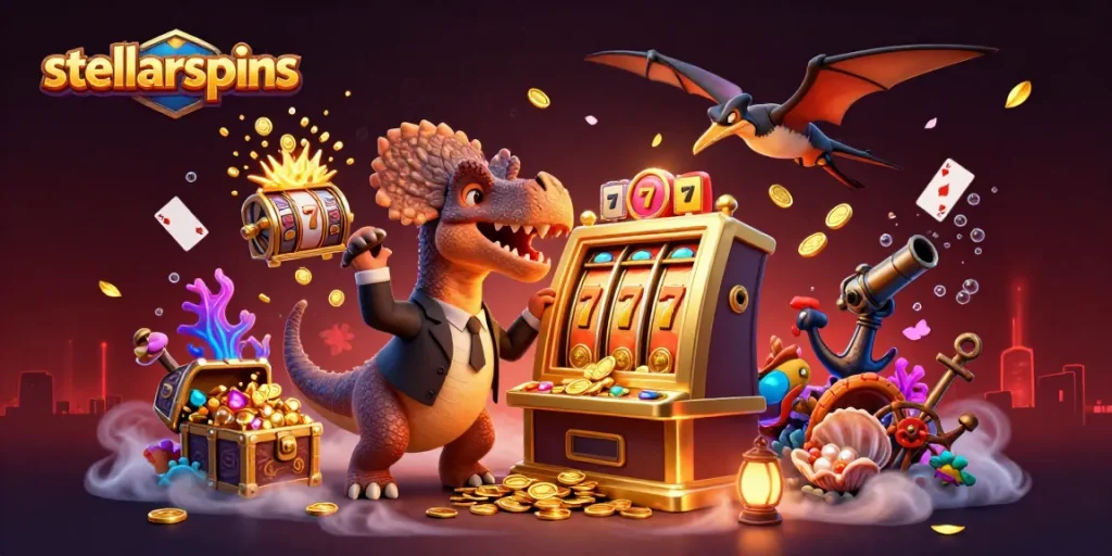 Stellarspins showcases a dynamic 3D scene with a pachycephalosaurus winning at slots.