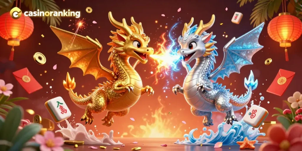 Experience exhilarating dragon duels in this casinoranking fantasy scene celebrating online gambling.