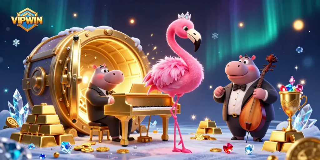 Win big with VIPWIN as a flamingo singer performs amidst treasure and casino games.