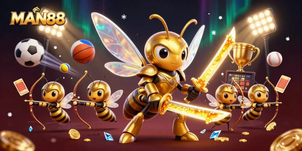 Elevate your gambling experience with MAN88's vibrant 3D visualization showcasing competitive sports betting.