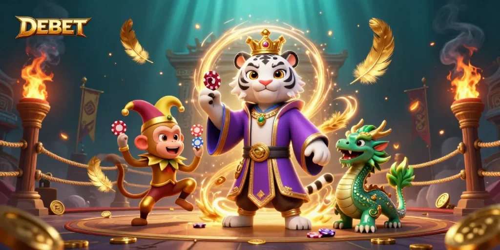 Engage in epic gaming adventures with DEBET featuring a majestic tiger, playful monkey, and jade dragon!