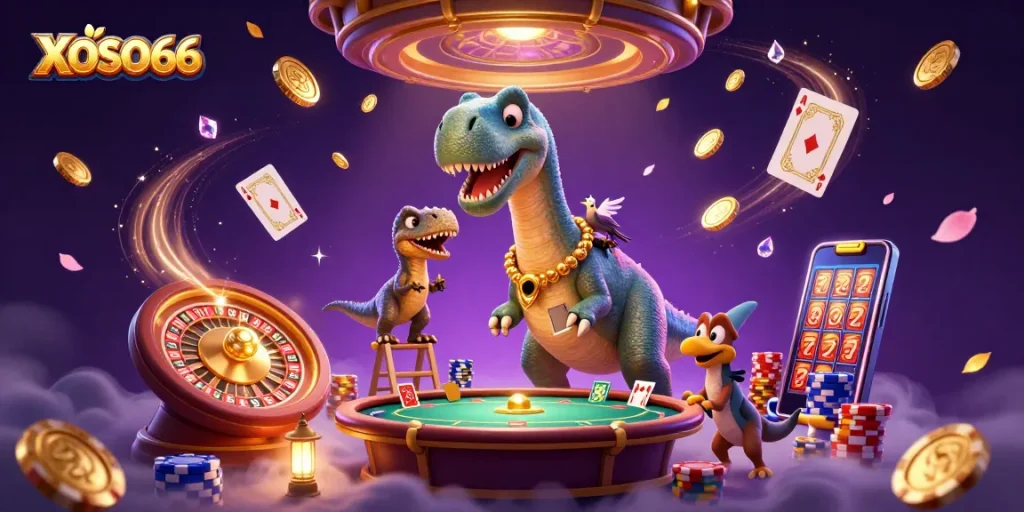 XOSO66 entertains with a dazzling casino scene featuring a giant brontosaurus and clever raptor.
