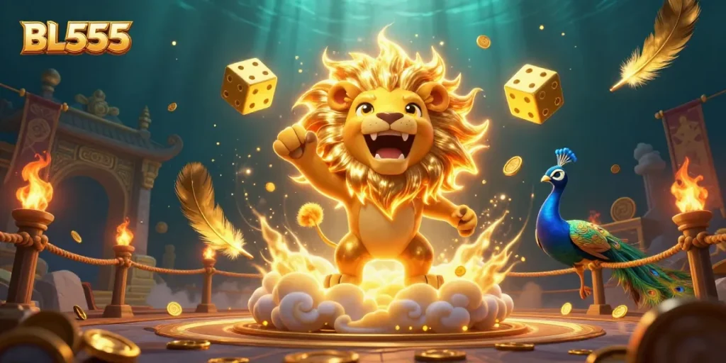 Experience thrilling gaming with BL555's vibrant 3D casino scene showcasing golden dice and lively characters.