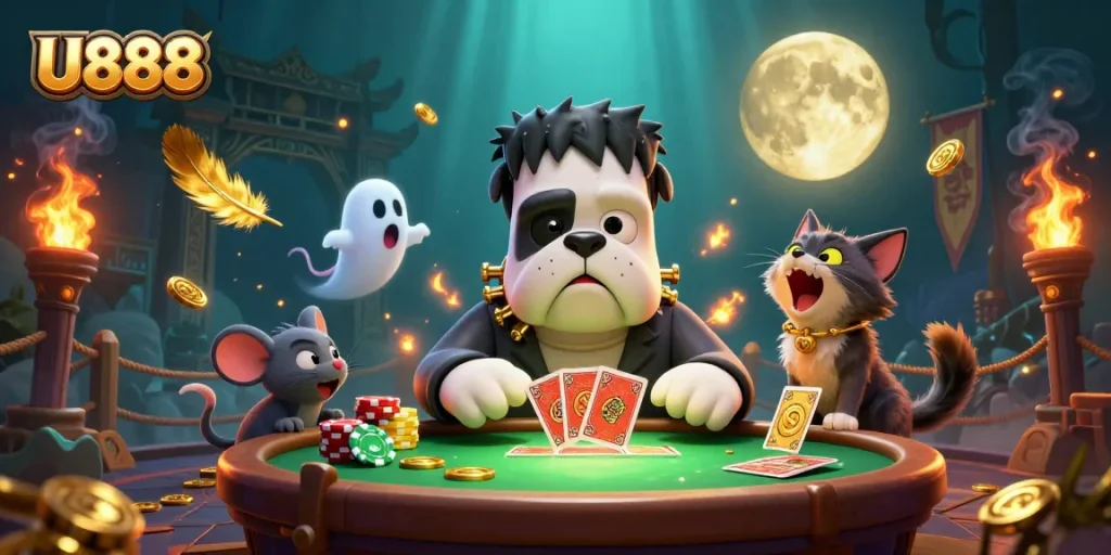 U888 invites players to join the spooky casino table surrounded by playful monsters and golden elements.