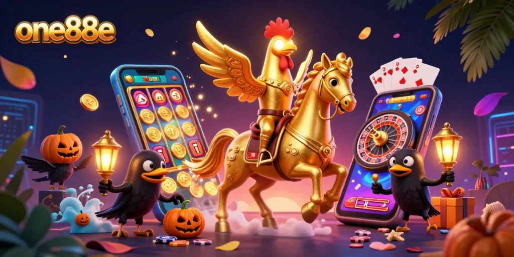 Witness the golden rooster character "one88e" in a dynamic casino scene, embodying adventure and fun.