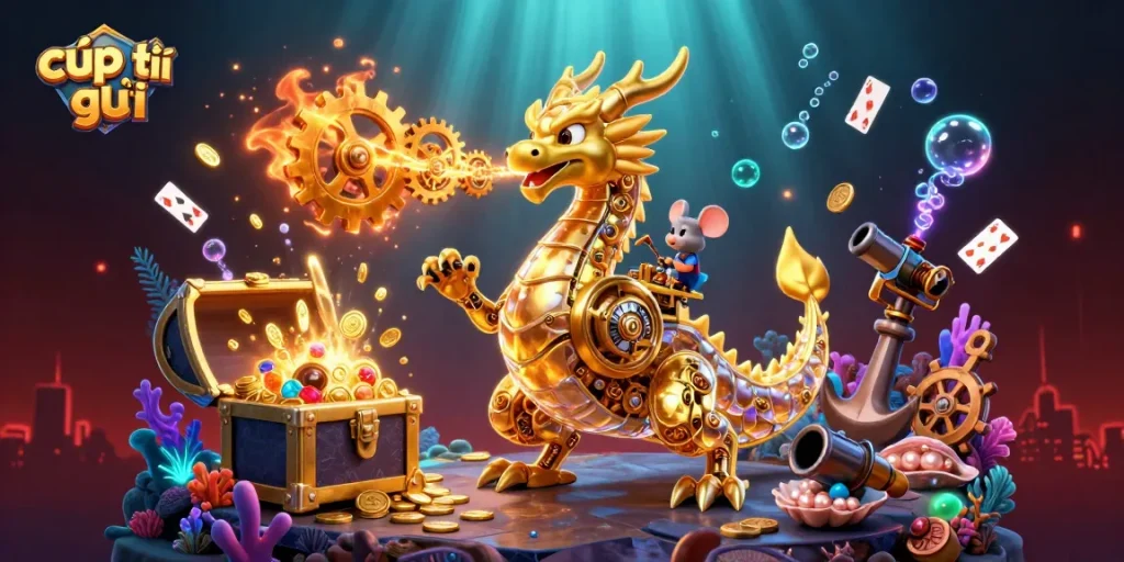 Experience the thrill of cúp thế giới with a golden dragon amidst underwater treasures!