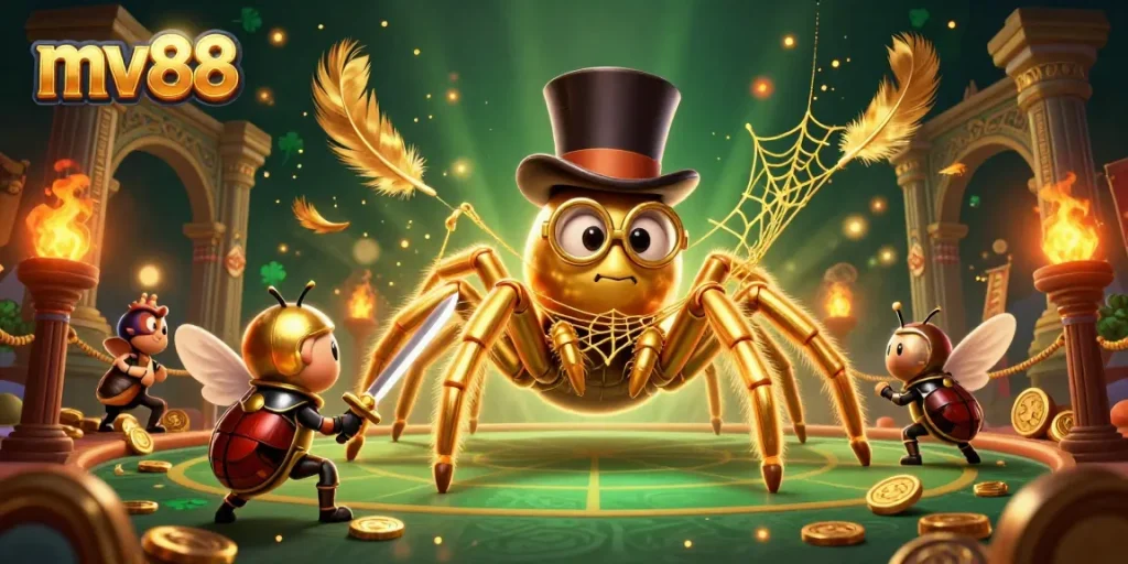 Join the gaming adventure at mv88 with a golden tarantula and beetle knight in an exciting casino scene.