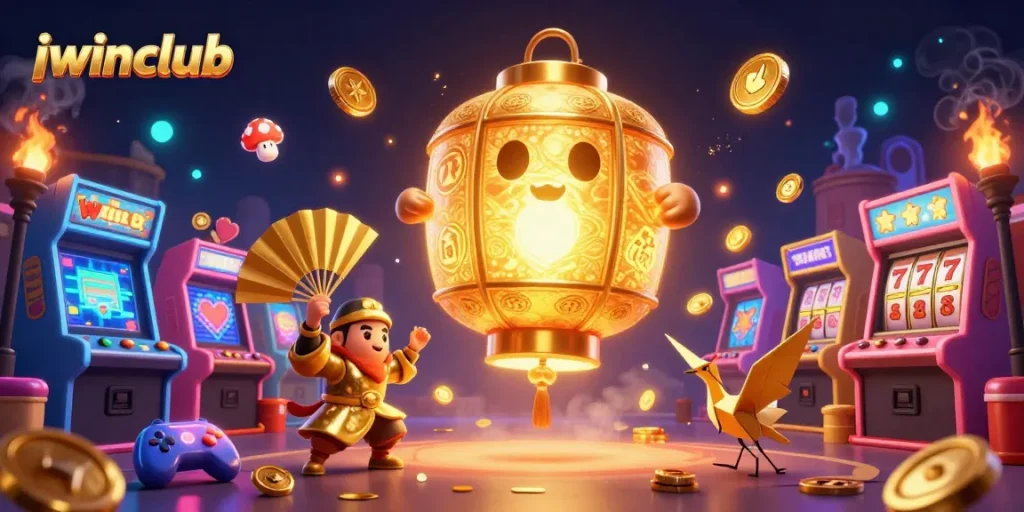 Engage with exciting games at iwinclub, featuring a dynamic 3D illustration of casino elements and vibrant ambiance.
