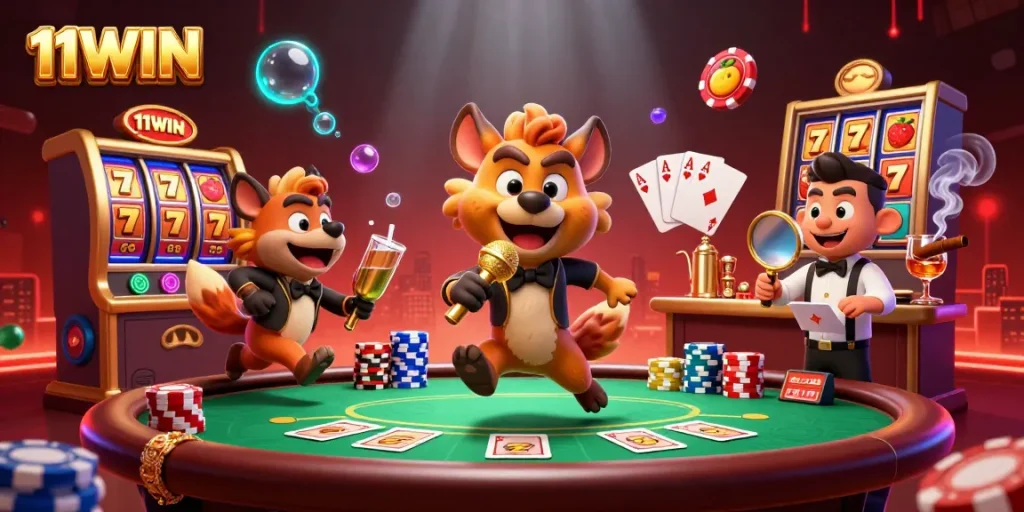 Experience the fun at 11WIN with a vibrant scene showcasing hyenas in a comedy casino club.