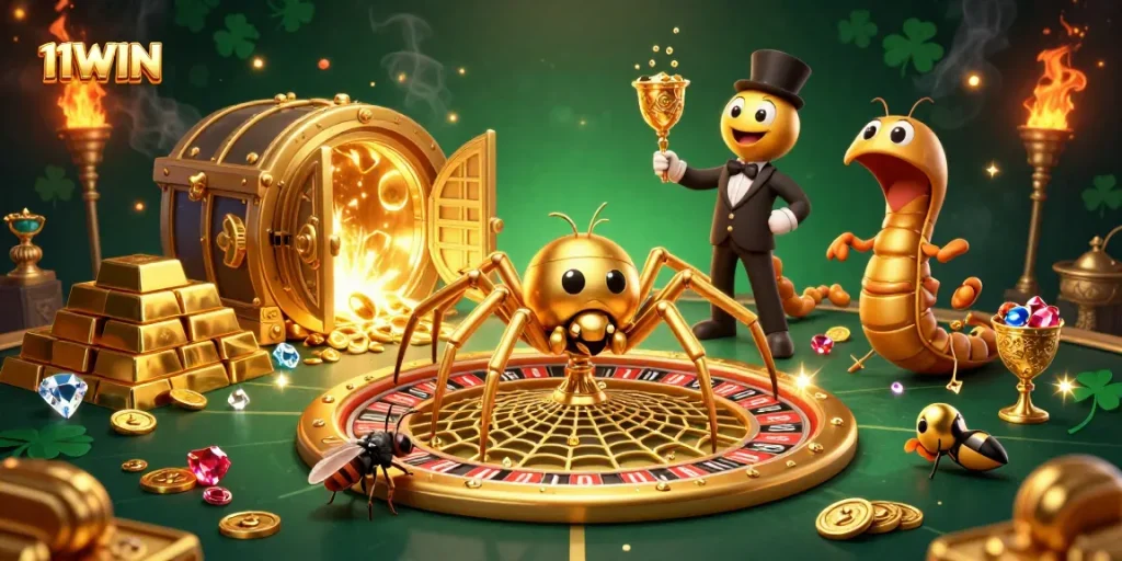 Experience the thrill of betting at 11WIN with a lush illustration of a golden spider web roulette and vibrant gems.