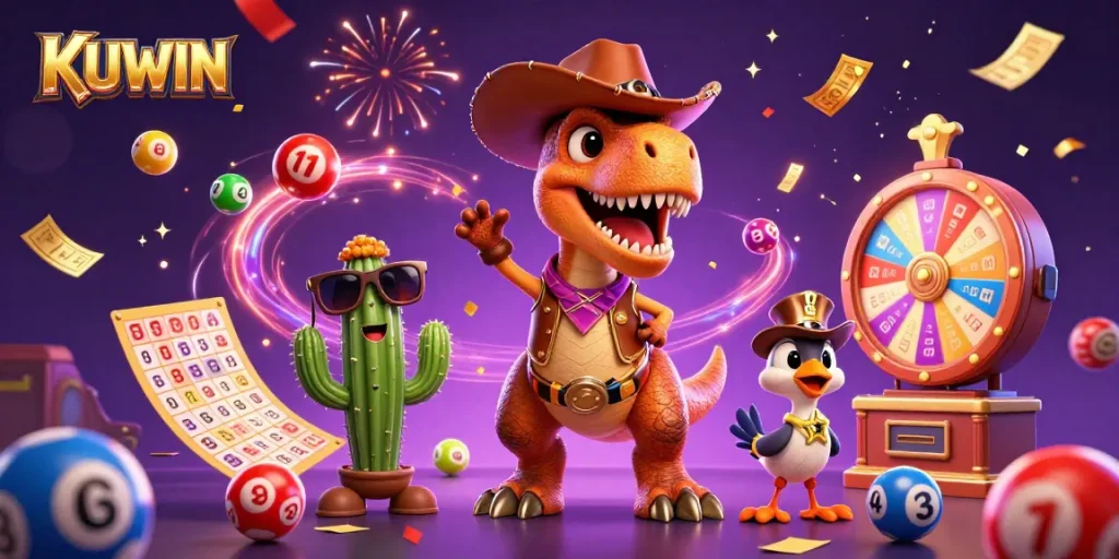 Experience the excitement of KUWIN with vibrant lottery elements and a whimsical cowboy dinosaur