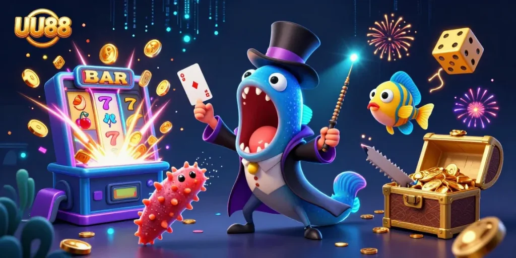 Experience the thrill of wagering with UU88 in this vibrant, magical casino scene full of 3D excitement.