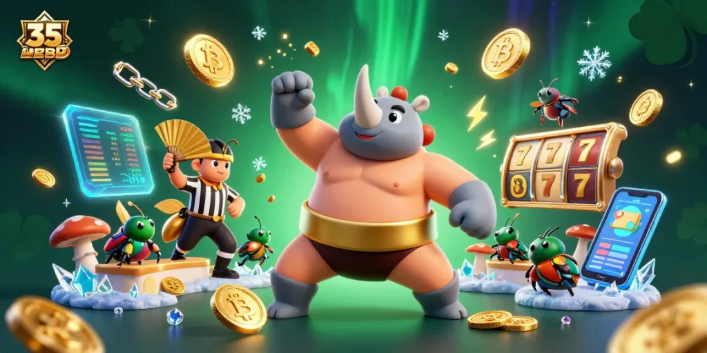 36BD casino illustration depicting a beetle sumo champion amidst vibrant gaming elements.