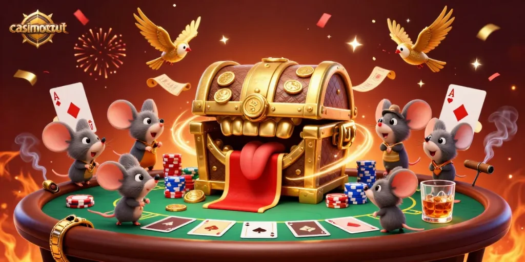 Experience the thrill of online casinos with casinoscout's colorful 3D treasure chest scene, poker excitement, and celebratory confetti.