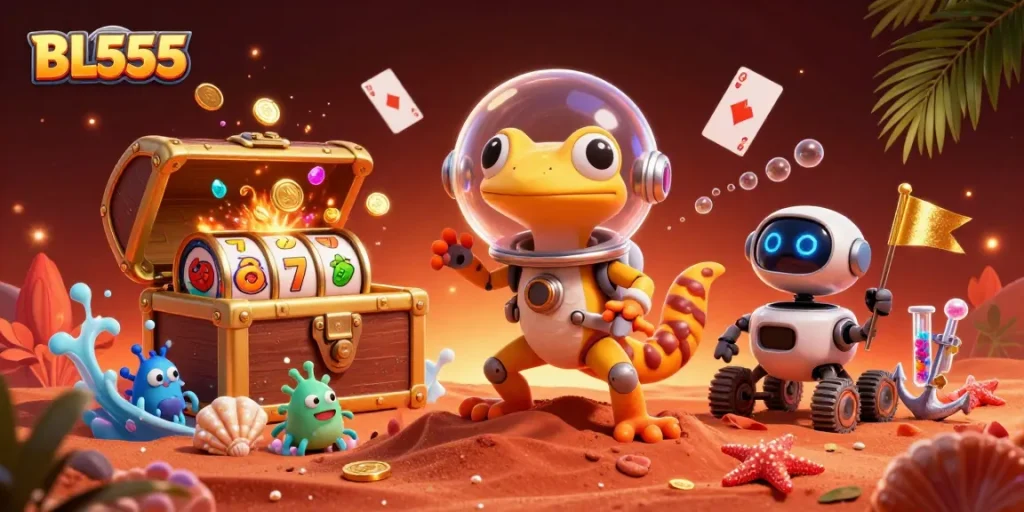 Join the Martian gecko in discovering BL555's golden casino treasures amidst vibrant gambling elements.