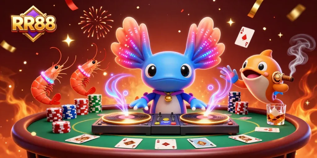 Experience thrilling poker action with RR88's vibrant underwater casino scene featuring unique characters.