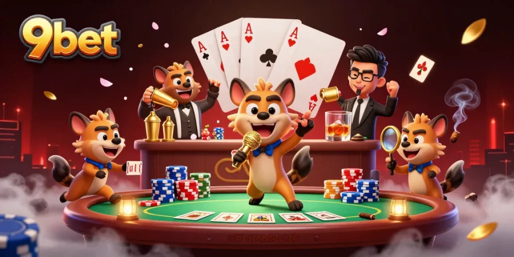 9bet themed illustration featuring hyenas in a comedy casino scene, capturing a lively atmosphere.