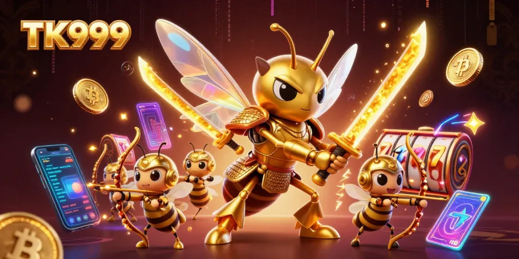 Experience TK999's vibrant casino world with a mighty hornet and bee archers in action.