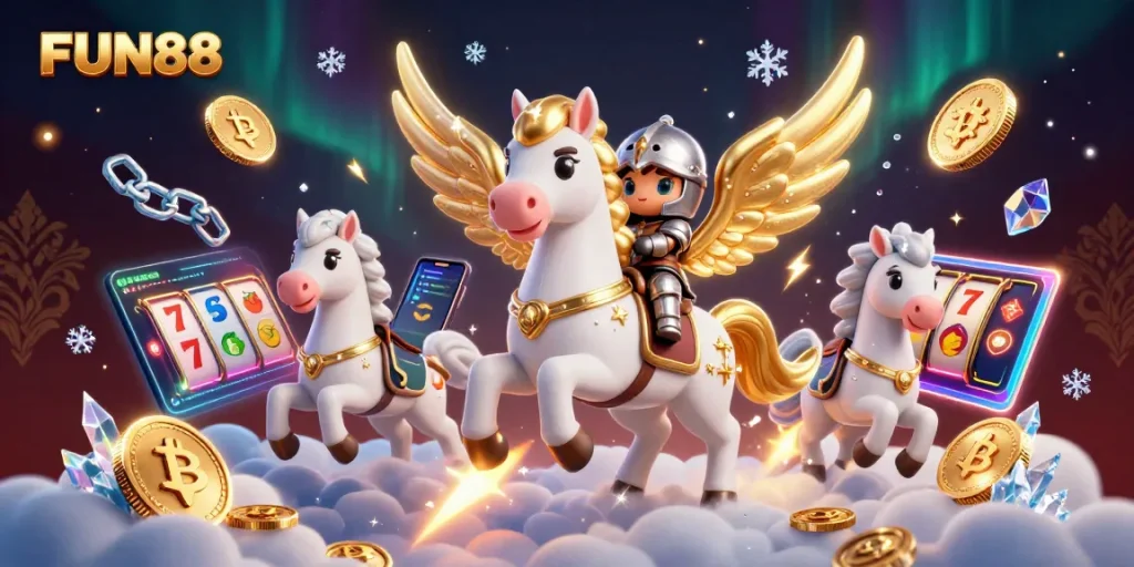 Engaging fun at FUN88 with a celestial horse, knight, and dynamic casino elements.