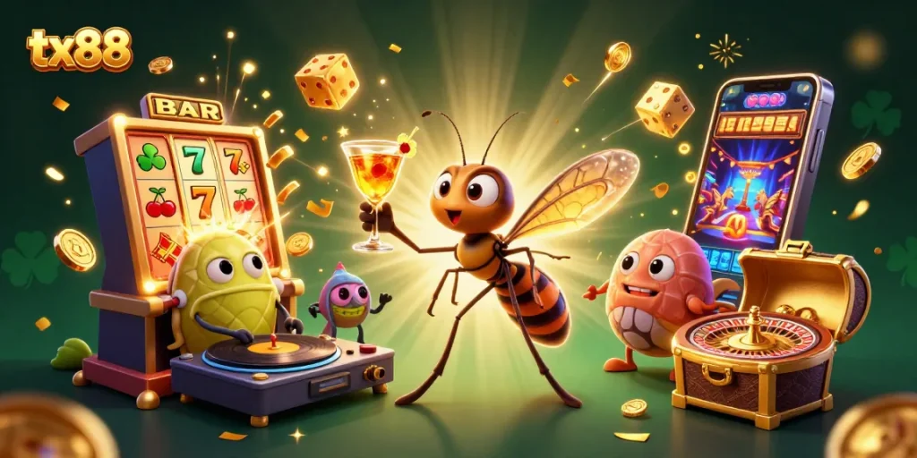 Win with tx88 at a vibrant casino scene featuring animated characters and thrilling game elements.