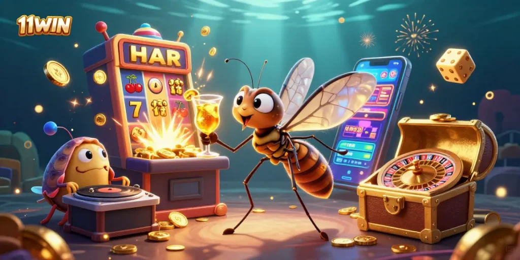 Immerse in 11WIN's colorful casino scene with a mosquito mascot, trilobite DJ, and jackpot excitement.