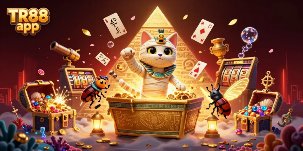 Play the TR88 app and enjoy vibrant casino action with a cartoon mummy cat and dynamic elements.