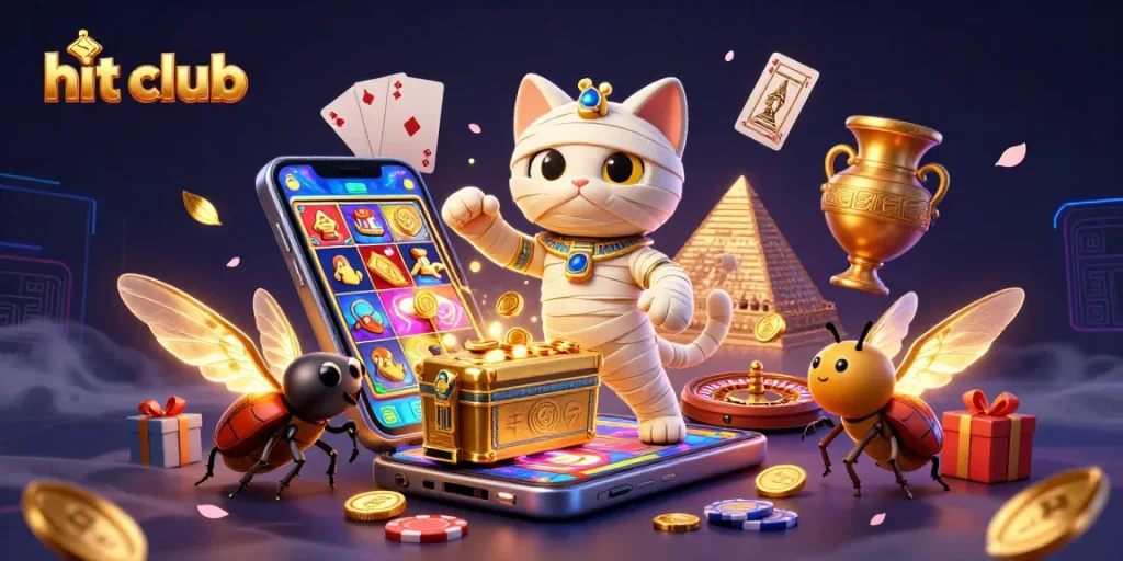 Experience thrilling wins at hit club with dynamic Egyptian-themed casino illustration.