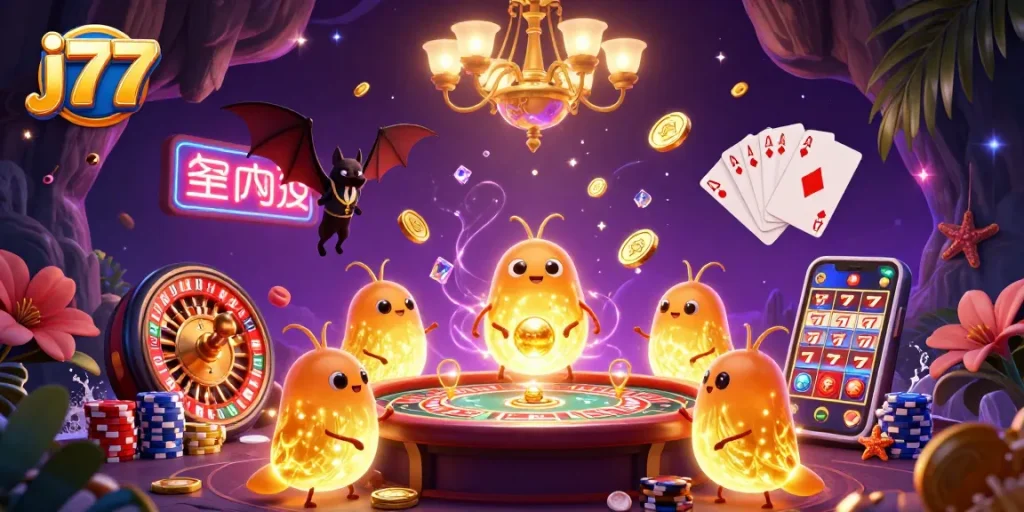Experience the thrill of j77 casino games with vibrant glowworms lighting up the action-packed scene.