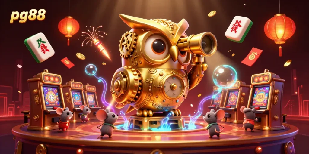 Experience pg88's vibrant casino world featuring a golden owl and lively game elements.