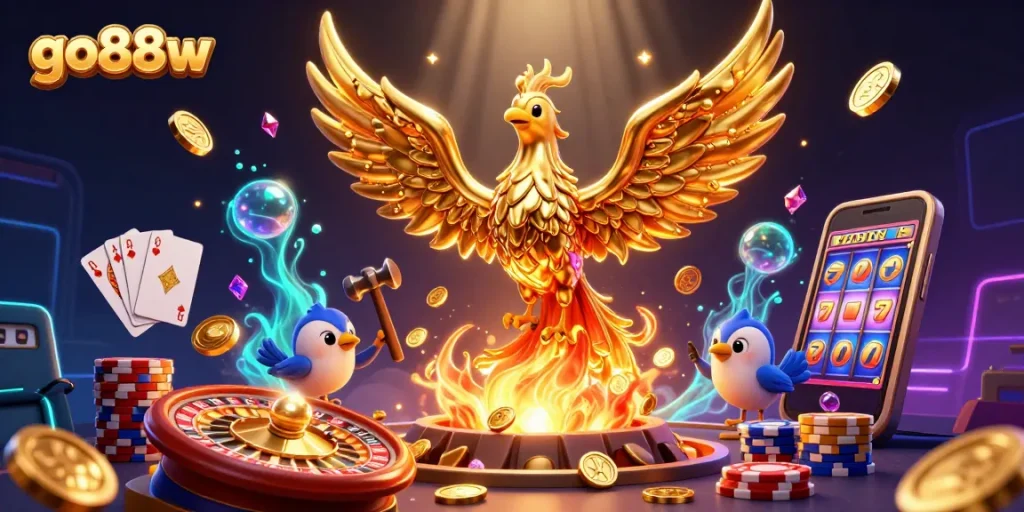 Experience thrilling wins at go88w with a vibrant scene filled with spinning roulette wheels and golden coins.