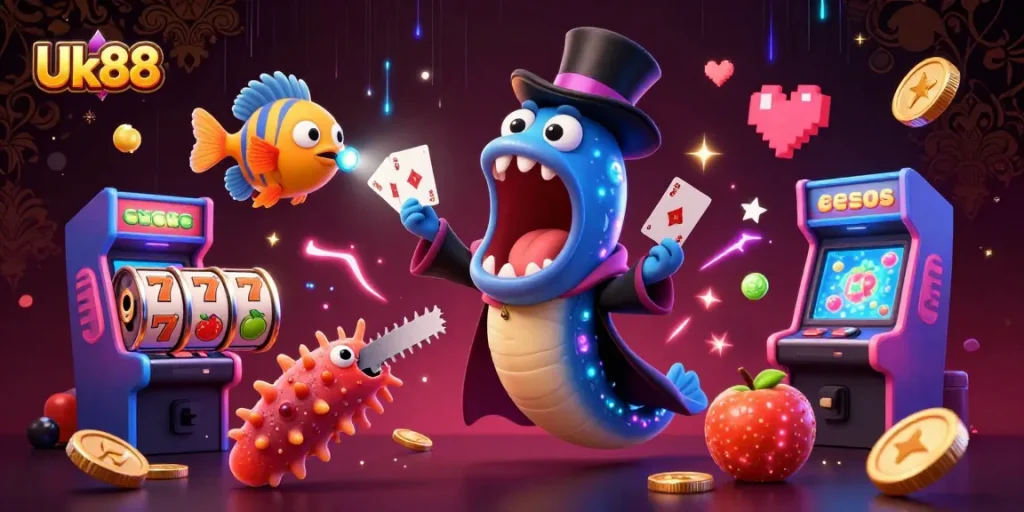 Engage with Uk88's vibrant 3D casino scene, showcasing animated gambling characters and thrilling gaming elements.