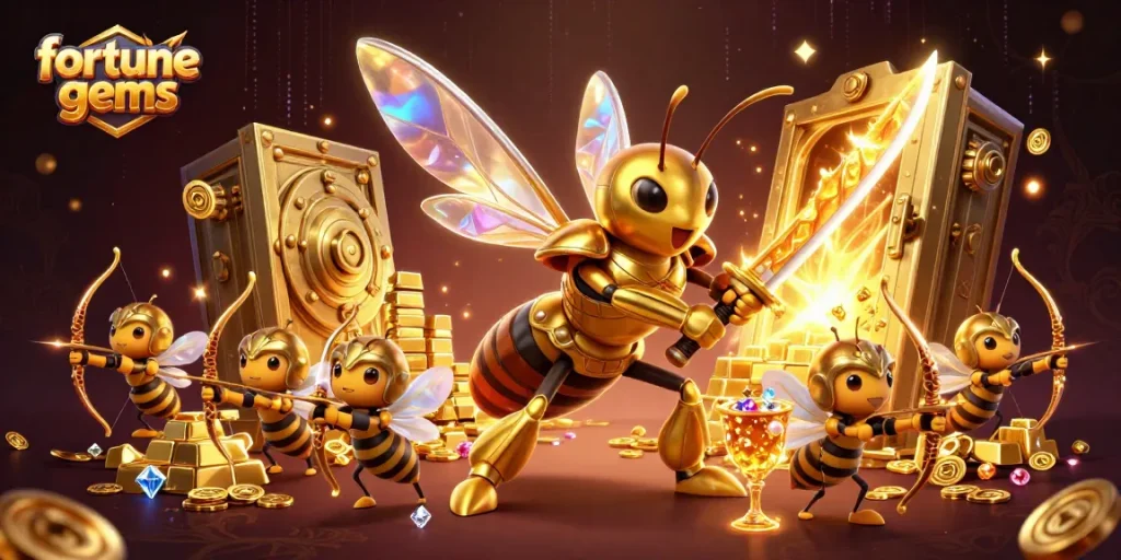 Spin to win with fortune gems surrounded by sparkling treasures and dynamic gaming elements.