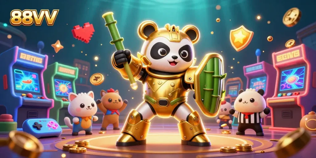 Experience the thrill of 88VV with a dynamic casino-themed 3D illustration showcasing a golden panda.