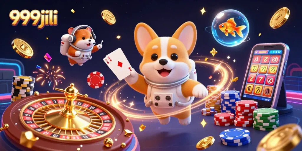 999jili astronauts enjoy a zero-gravity casino filled with floating poker chips and golden coins.