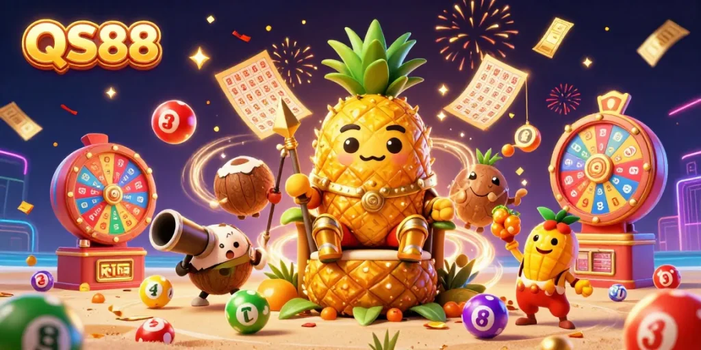 QS88 mang đến bầu không khí lễ hội với hình ảnh vua dứa và những trái cây sôi động trong casino.