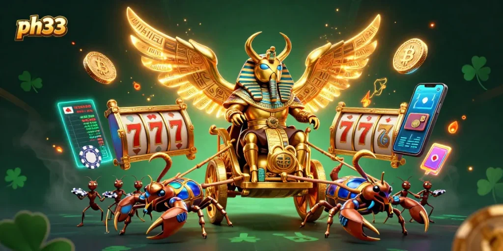 Engage in thrilling gaming with ph33, featuring a golden scarab beetle surrounded by dynamic casino elements.