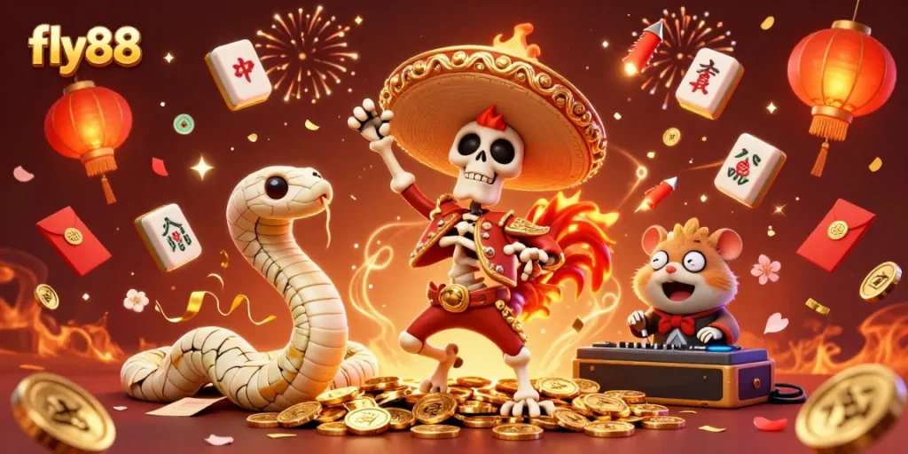 Engage in exciting gameplay at fly88 with colorful characters celebrating around winning elements.