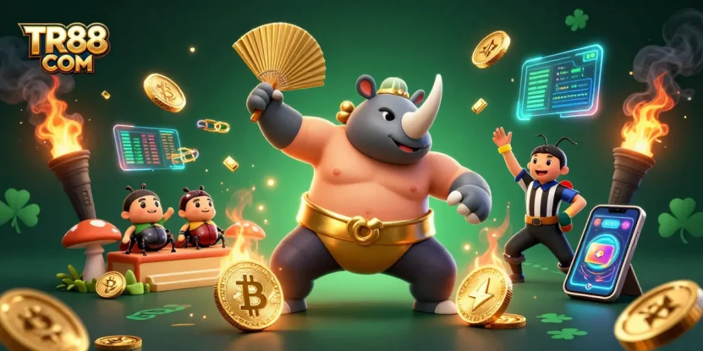 Engage in thrilling gameplay at TR88 COM with a vibrant 3D scene of a sumo champion beetle amid flying coins and crypto elements.
