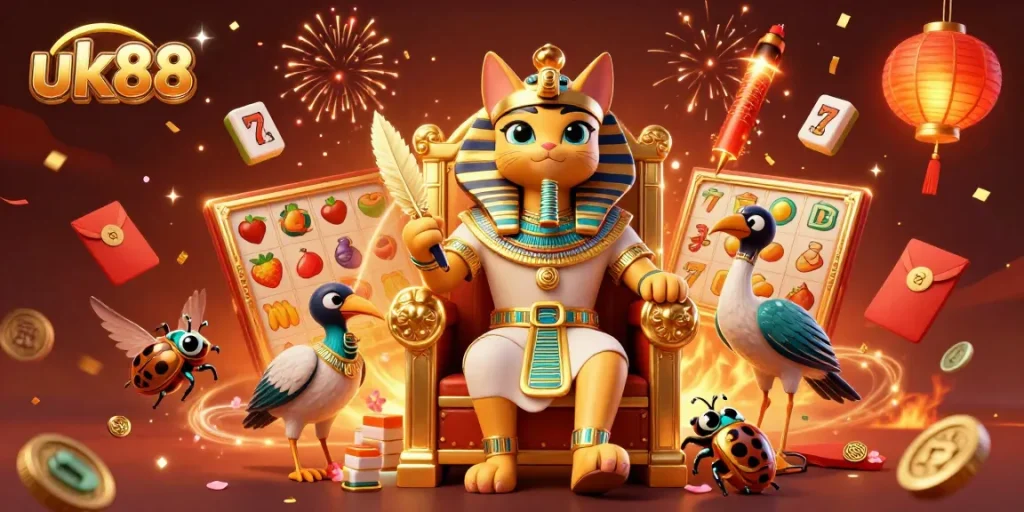 Experience thrilling wins with uk88 at a colorful online slot game illustrated scene.