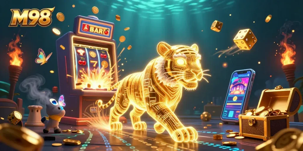 M98 brings exhilarating casino thrills to life through vivid 3D visuals featuring energetic gameplay and lively slot action.